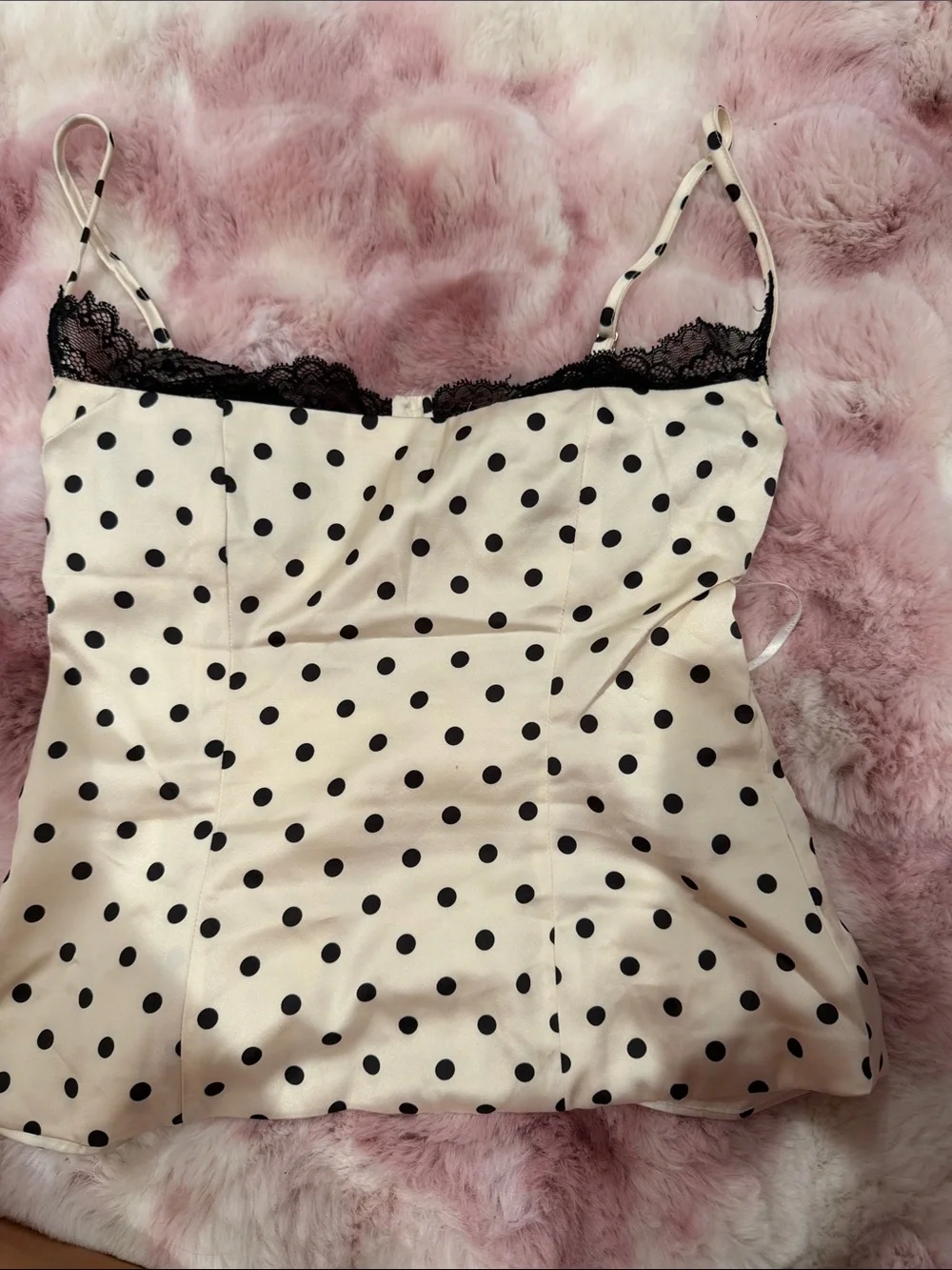 Princess Polly Black Polka Dot Lace Trim Cami on Cream was given to me as PR